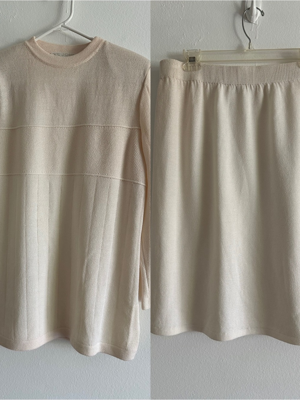 St. John Basics Soft Cream Knit sweater and skirt Set